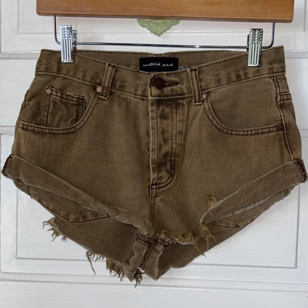 MUSTARD. SEED BROWN DENIM CUTOFF SHORTS